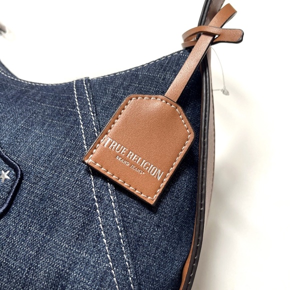 NWT TRUE RELIGION Denim Shoulder Bag Studded Horseshoe Blue Hobo Embellished - Picture 5 of 10